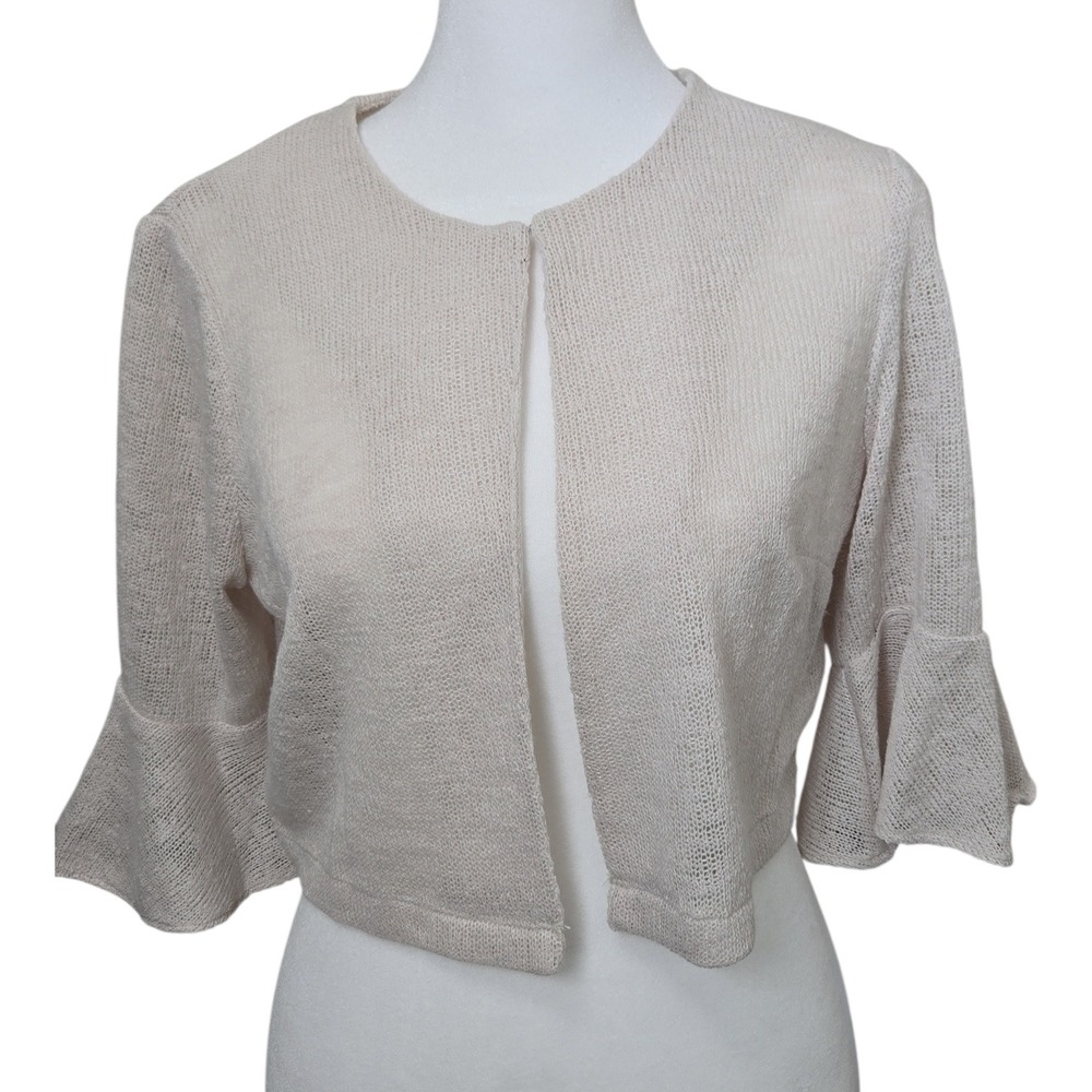 Perceptions New York Petite Beige Cropped Bell Sleeve Cardigan‎ Size M Bolero